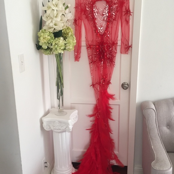 NEW! RED ANGEL DRESS HAND BEADED REAL FEATHER GOWN - Picture 14 of 15